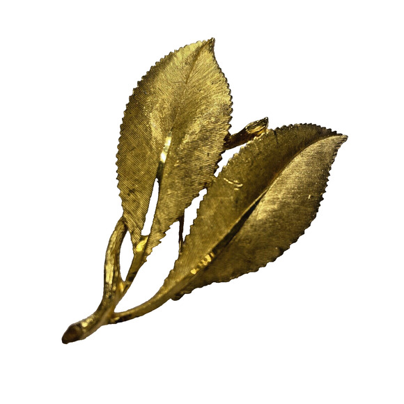 BSK Goldtone Brooch Vintage Mid Century Designer Jewelry Leaf Shape Textured Pin - Picture 5 of 8